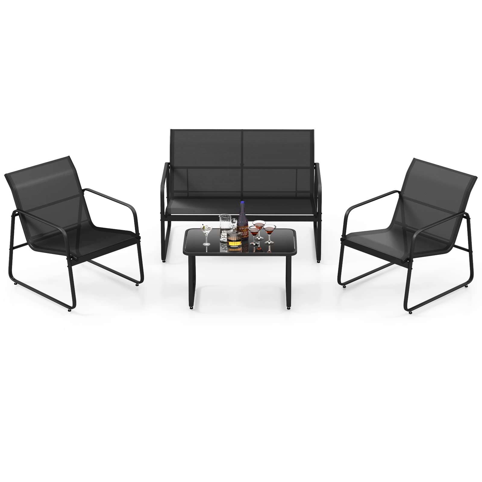 Ensemble de meubles de patio Tangkula 4 pièces, ensemble de conversation extérieur avec table basse en verre trempé
